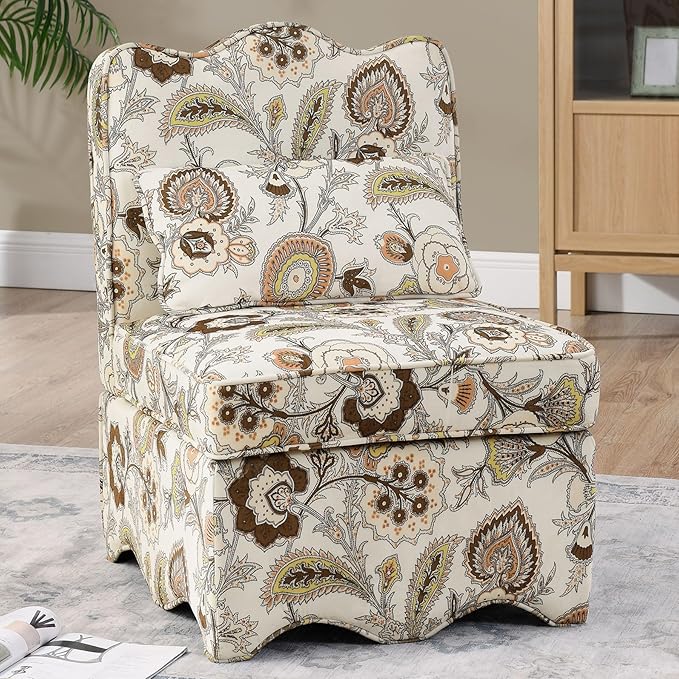 Floral Accent Chair Comfy with Pillow Armless Accent Chair for Bedroom Slipper Chair with Soft Seat Cushion and Backrest Side Chairs for Living Room Flannel Fabric Wave-Shaped (Brown)