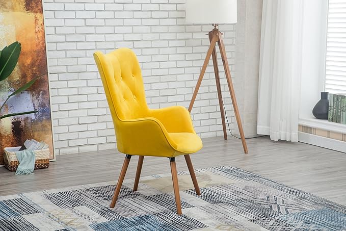 Roundhill Furniture AC155YL Doarnin Silky Velvet Tufted Button Accent Chair Yellow 30D x 41.5W x 26.8H in