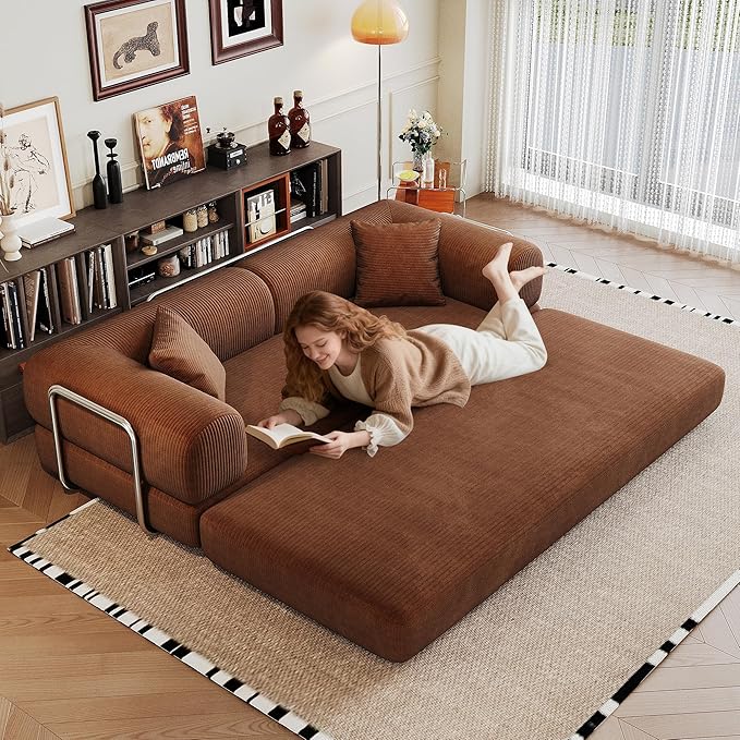 79 Convertible Sofa Bed with Fixed-Shape Frame Corduroy Folding Pull Out Couch No Assembly Modern Boneless Couch Compression Sofa in Box Floor Sofa for Living RoomBrown