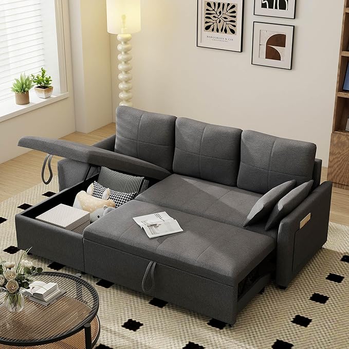 L Shape Sofa Bed: 81 Sectional Sleeper Sofa with Pull Out Bed Grey Pull Out Sleeper Couch with Chaise Lounge and Linen Reversible Chaise Sectionals for Living Room (Gray 80.7 L shape sofa bed)