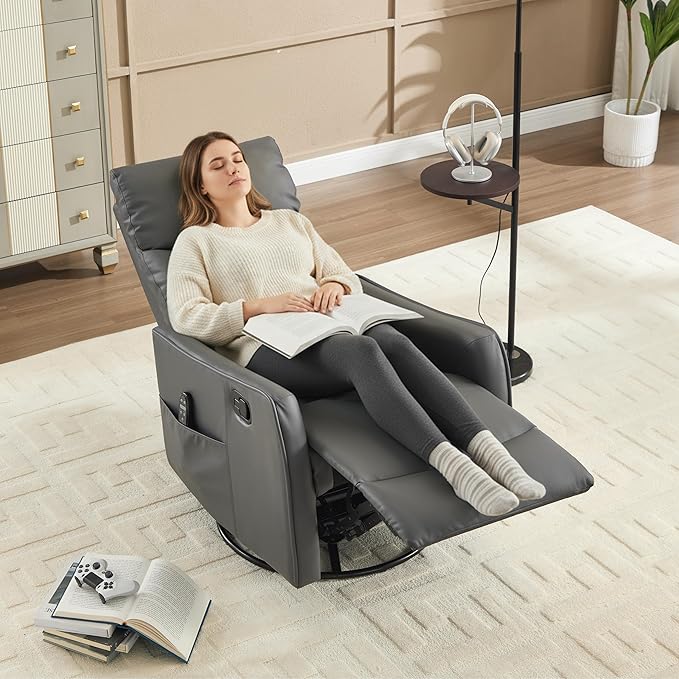 PELUMY 360 Swivel Rocking Recliner Chair for Adults Nursery Rocking Chair with Heat and Massage Glider Reclining Chair for Small Space Living Room Bedroom (Breathable Leather Grey)