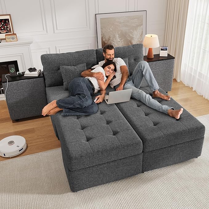DWVO Queen Size Sofa Bed 5-in-1 Multi-functional Convertible Sleeper Sofa with 2 Storage Cabinet Nightstand &amp USB Ports 100 Sectional Sofa Couch with 2 Comfy Pillows for Living Room Apartment