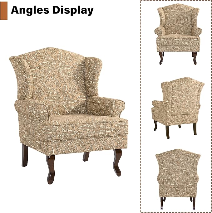 High Back Accent Chairs Set of 2 Comfy Upholstered Fabric Armchair for Living Room Mid Century Modern Club Accent Chair with Solid Wood Legs Single Sofa Reading Chair for Bedroom Paisley Brown