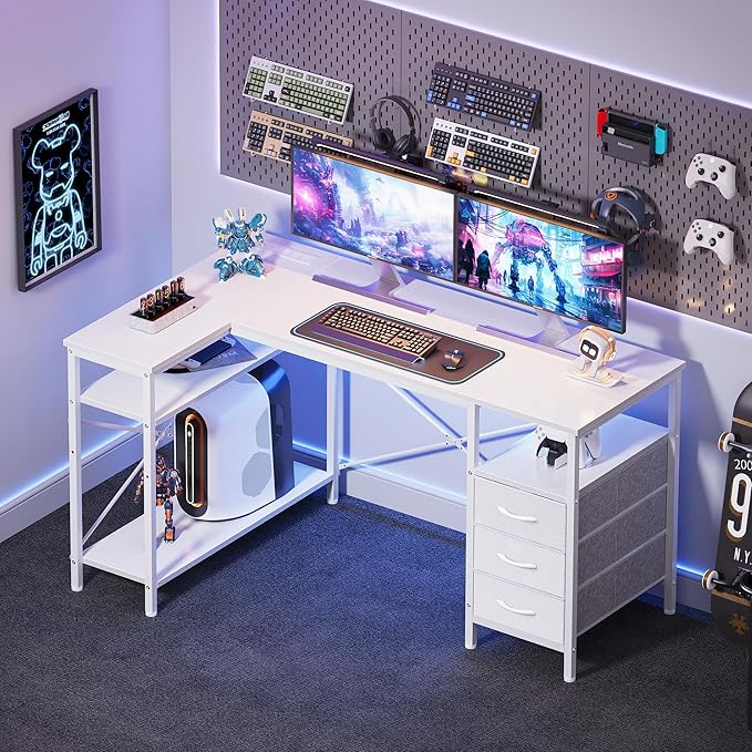 Huuger L Shaped Office Desk with Power Outlets 47 Inch Computer Desk with 3 Drawers Shelves for Gaming Corner Work Home Office Study White