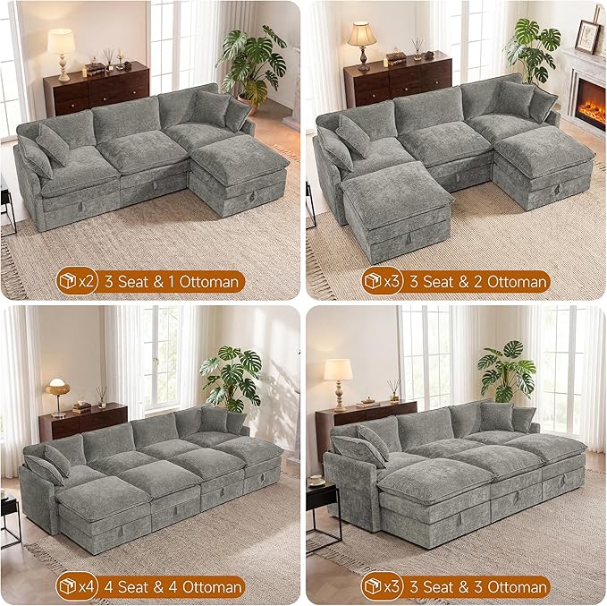 Modular Sofa with Storage 135 U Shape Sectional Cloud Couch Comfy Fabric Couch with Movable Ottoman 6 Seat Modern Deep Seat Sofa for Living Room (Grey Chenille)