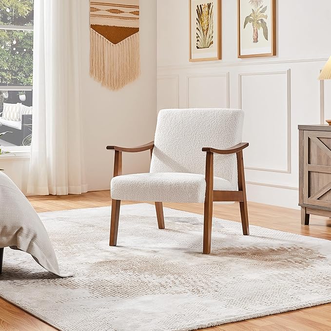 Topeakmart Living Room Accent Chair Mid Century Leisure Chair with Wooden Frame Modern Barrel Chair for Living Room Bedroom Ivory