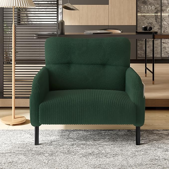 Emerald Accent Chair - Corduroy Living Room Chairs with Side Storage Pockets and Durable Legs Comfy Arm Reading Chair with Soft Backrest for Bedroom Balcony Study Room