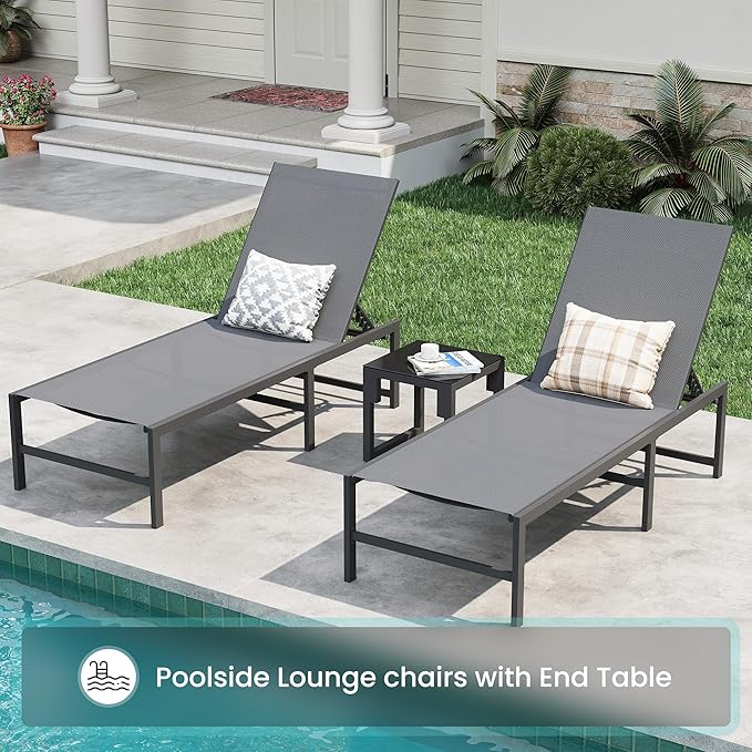 3 Piece Patio Lounge Chair Set Adjustable Outdoor Chaise Lounge with Heavy-Duty Steel Frame Weather Resistant Pool Lounge Furniture Set with Side Table for Backyard Beach 400 LBS Capacity(Gray)