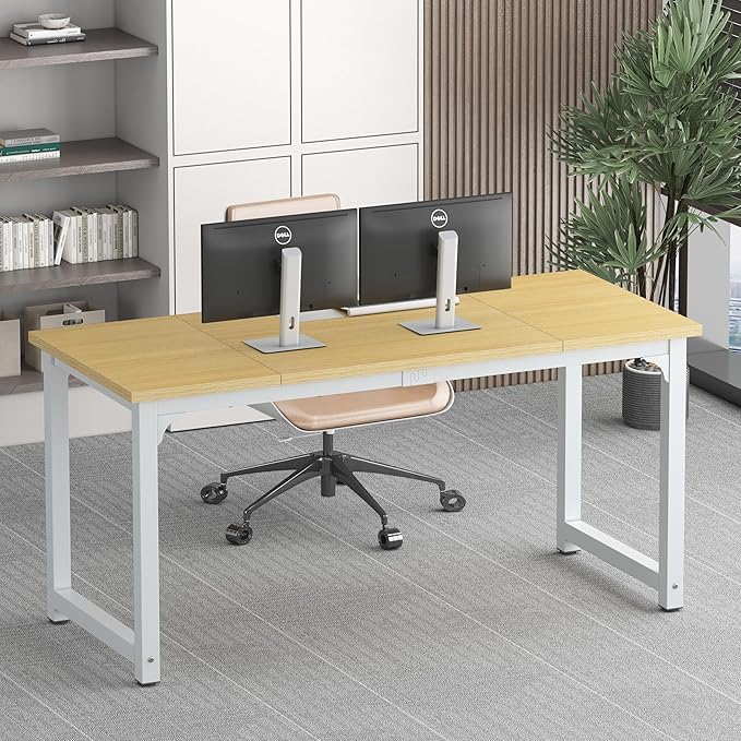 NSdirect 63 Computer DeskLarge Home Office Desk Wide Workstation 1 inch Thicker Tabletop for WritingGames and Home Work PC Desk Modern Finish Wood Board and Sturdy Steel LegsOak+White