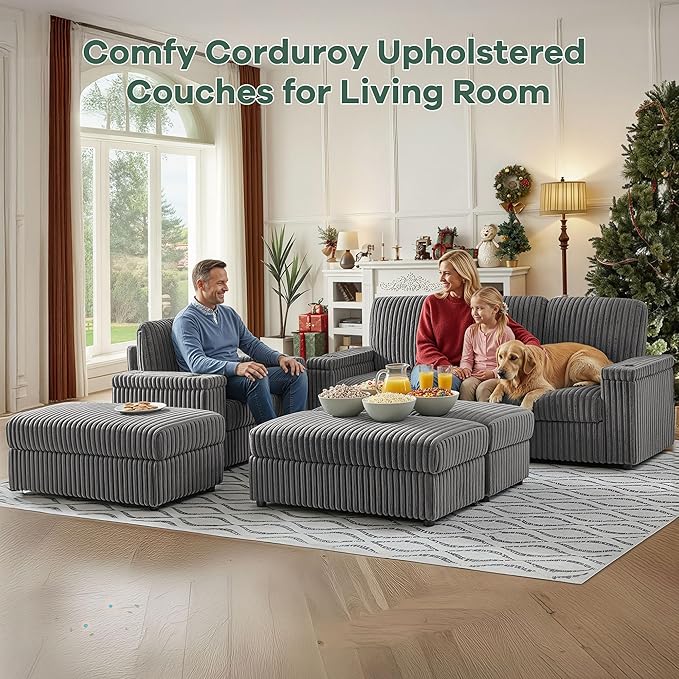127 Modular L Shaped Sofa Couch Modern Comfy Corduroy Couch Convertible Sectional Sofa Set with 3 Ottomans Chaise Armrest Storage Cup Holder Home Sofa Living Room Free Combination (Grey)
