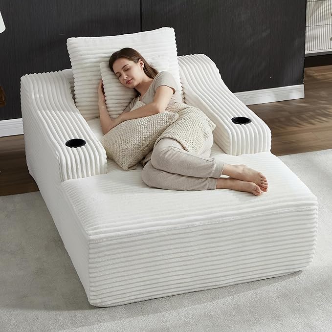 PELUMY 67 Oversized Chaise Lounge Sofa Bed Corduroy Boneless Sleeper Sofa with 2 Pillows &amp 2 Cup Holders Plush Cloud Couch for Living Room No Assembly Required (White)