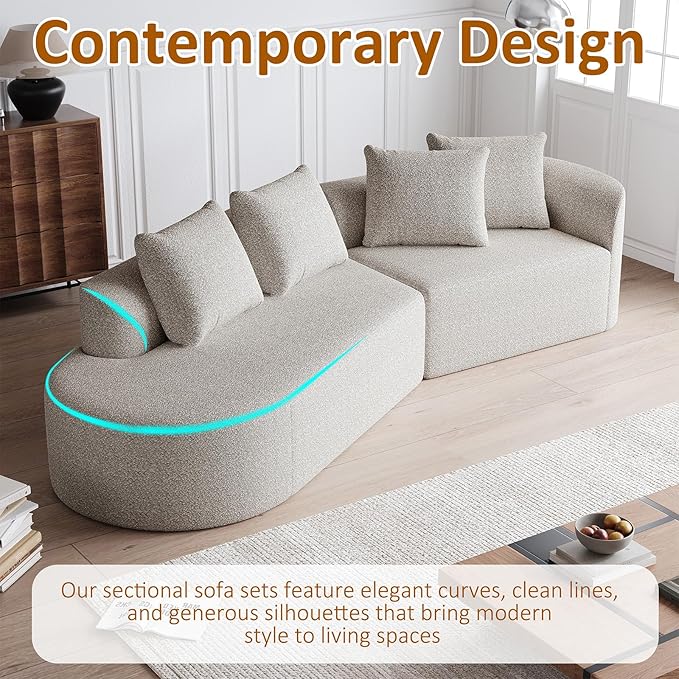 112-inch Curved Sofa Modular Sectional Modern Oversized Chenille Cloud Memory Foam Compression Boneless Sofa Couch with 4 Pillows for Living Room Bedroom Office Left Facing Chaise Beige