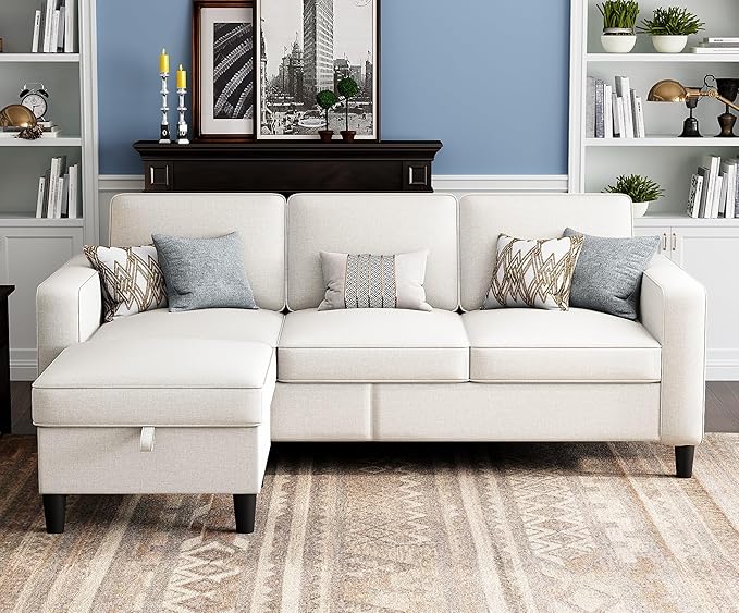 Sectional Couches for Living Room Convertible 3 Seater Sofas 78 L Shaped Couch with Removable Storage Ottoman Modern Linen Beige Sofa for Apartments Studios Dorms Small Spaces | 78 Small Sectional