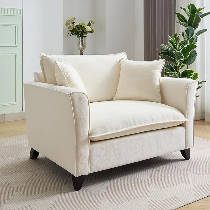 Chenille Fabric Oversized Armchair Modern Accent Chair Single Sofa with 2 Pillows and Washable Covers for Living Room Bedroom Office Apartment (Cream-46.9'')