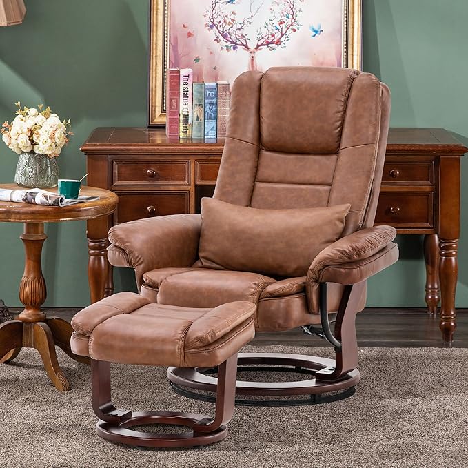 MCombo Swivel Recliner with Ottoman Chair TV Chair Sets with Vibration Massage for Small Space Living Room Bedroom 9096 9099 (Faux Leather Saddle)