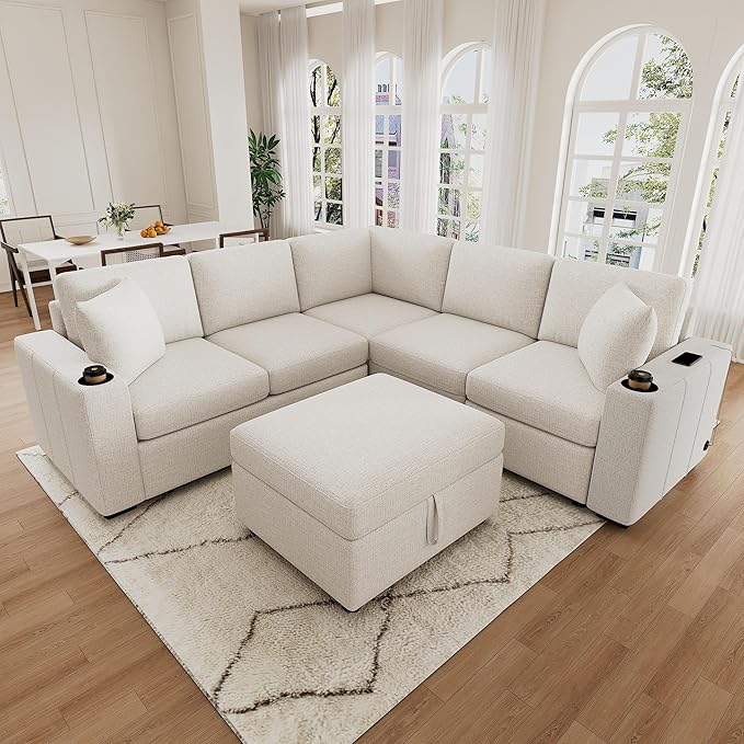 84.7 Sectional Sofa Convertible Pull-Out Sofa Bed with Movable Storage Ottoman and Dual Cup Holders Chenille Fabric Free-Combined Modular Couch for Living Room (Beige-3.27)