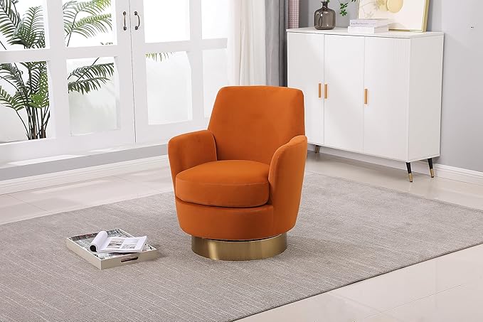 Velvet Swivel Barrel Chair Armchair for Living Room Reading Chairs for Bedroom Comfy Round Barrel Chairs with Gold Stainless Steel Base for Living Room Bedroom Reading Room (Orange)