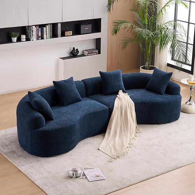 Oversized Sectional Sofa for Living Room 110 Modern Luxury Chenille 4-Seater Extra Deep &amp Wide Seat Curved Cloud Couch with 4 Throw Pillows No Assembly Needed Cream Blue