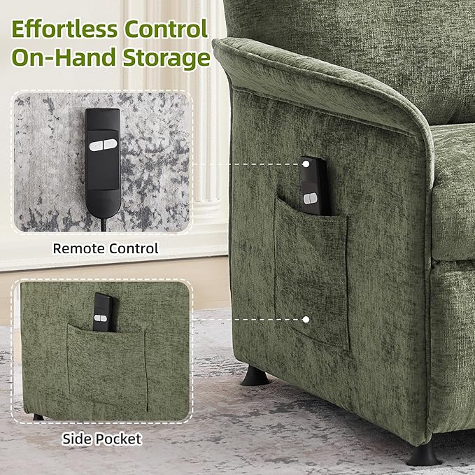 Power Recliner Chair with Remote Control 21 Wide Seat Small Recliners with Side Pocket for Adults Thick Cushions Chair for Living Room &amp Bedroom Green