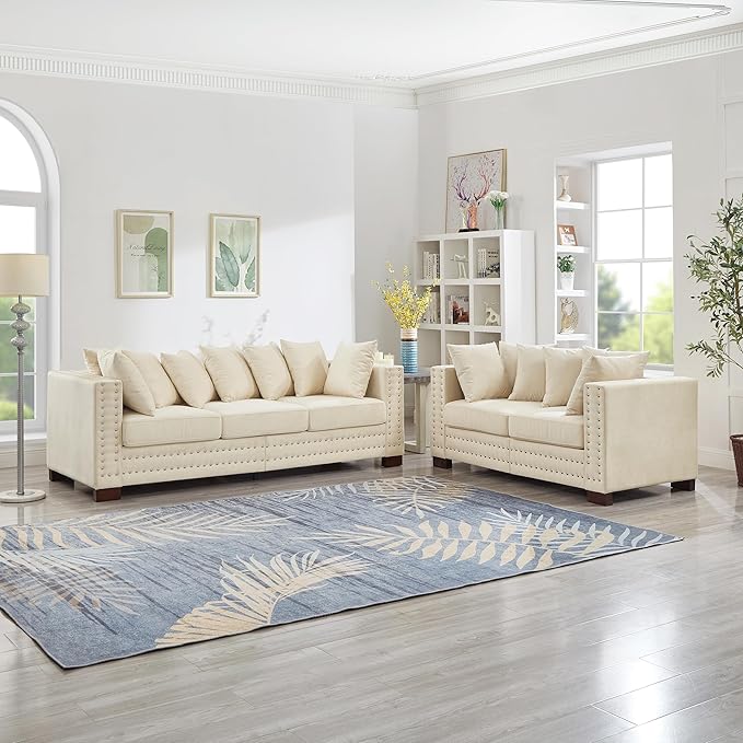 2 Piece Velvet Sofa Set with Storage - Mid Century Modern Chesterfield Couch and Loveseat Sets Comfy Deep Seat Upholstered Sectional Love Seat with Retro Nailhead Beige Couches Living Room (Apricot)