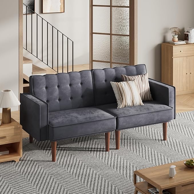 71 Velvet Futon Sofa Bed Versatile Loveseat Couch Sleeper Sofa with Adjustable Backrest Mid Century Modern Futon Couch for Small Space Living Room Office &amp Apartment Velvet Fabric Grey