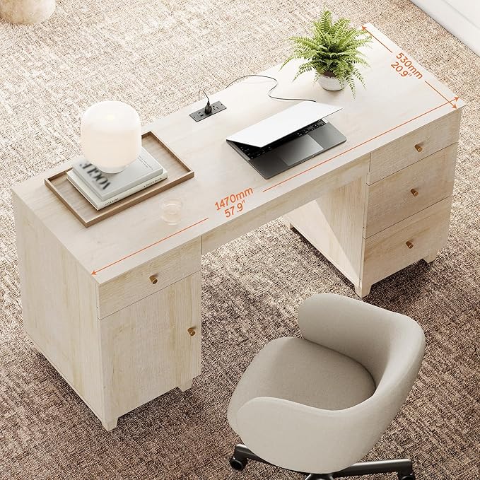 WAMPAT Desk with Drawers &amp Storage Cabinet 58 Inch Light Oak Wood Desk with Charging Station Modern Home Office Large Wooden Executive Computer Desk Vanity Desk for Bedroom
