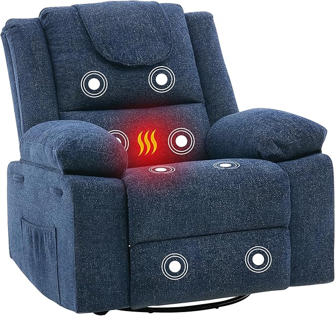 Rocking Nursery Glider Recliner Chair360° Swivel Rock Recliner Chairs Single Sofa with Vibration Massage and Heating for Living Room/BedroomBlue