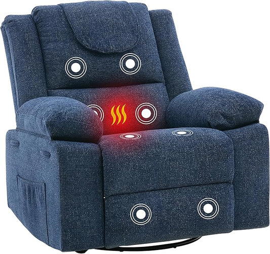 Rocking Nursery Glider Recliner Chair360° Swivel Rock Recliner Chairs Single Sofa with Vibration Massage and Heating for Living Room/BedroomBlue