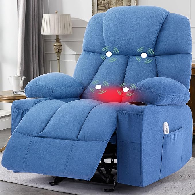 Manual Recliner Chair Rocker Recliner with Vibration Massage &amp Heat Ergonomic Reclining Fabric Living Room Chairs for Bedroom Nursery Single Sofa with 4 Pockets 2 Cup Holders Blue