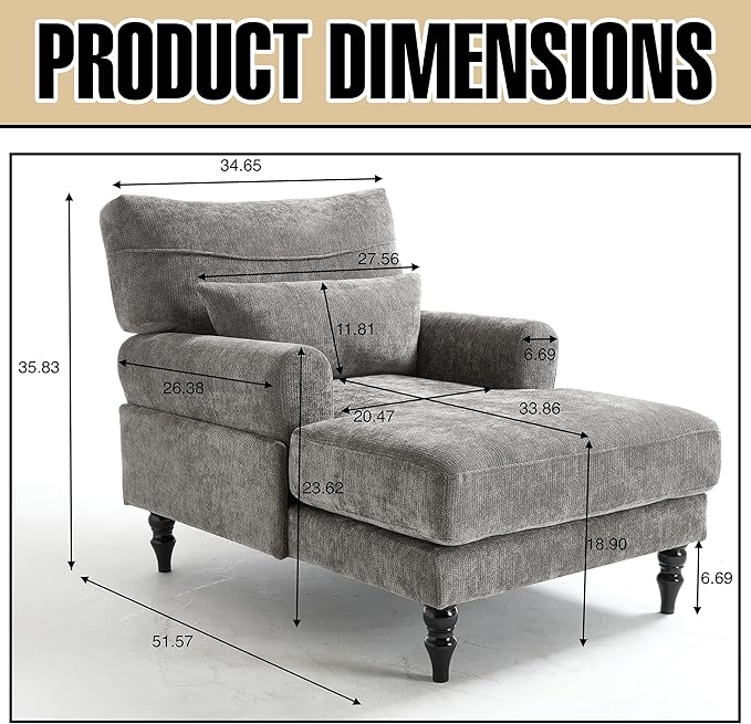 Chaise Lounge Chair Indoor Modern Leisure Sleeper Sofa Chair w/Double Deep Cushion Accent Upholstered Reading Side Armchair Recliner Arm Chairs for Living Room &amp Bedroom Easy Assembly