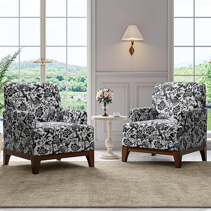 Floral Accent Chair Set of 2 Upholstered Armchair with Solid Legs Comfy Reading Single Sofa with Spring-Padded Cushion for Bedroom Black
