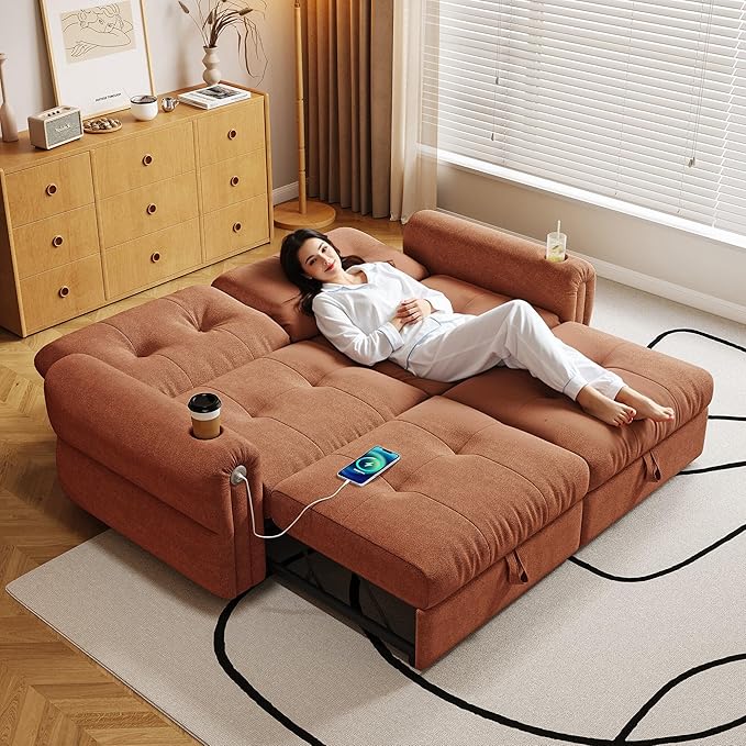 Sleeper Sofa Bed Queen Size Sofa Bed Convertible Pull Out Couch with Adjustable Backrest USB Port and Side Pockets Modern 2 Seater Small Couches for Living Room Space-Saving