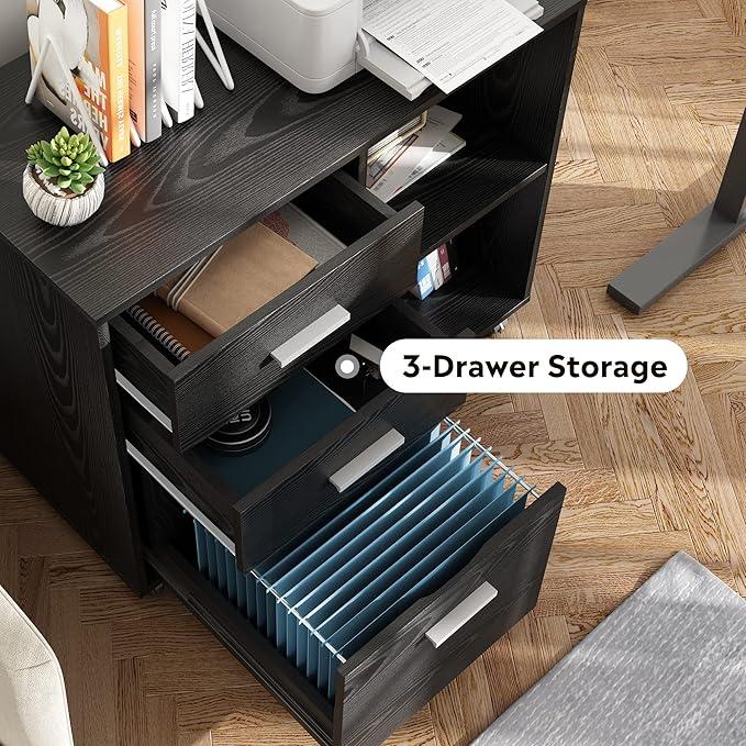 3 Drawer Wood File Cabinet Mobile Lateral Filing Cabinet Printer Stand with Open Storage Shelves for Home Office Black