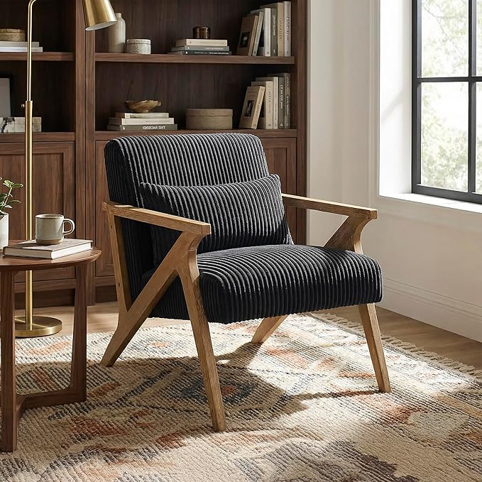 Lexicon Mid Century Modern Accent-Chair with Lumbar Pillow Brown Solid Wood Frame Comfy Corduroy Upholstered Lounge Arm Chair for Living Room/Bedroom/Office/Reading Nook Assembly Required Black