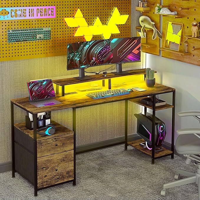 61 Computer Desk with LED Lights Power Outlets and USB Ports Gaming Desk with Storage Shelves Monitor Stand Fabric Drawers Remote for Home Office Study Rustic Brown