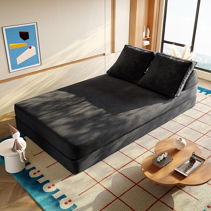 86.6 Queen Floor Sleeper Sofa Bed | Convertible Foam Folding Mattress Couch | King Size Futon Couch Bed for Adjustable Backrests | Sleeper Lounge Chair for Living Room Playroom Apartment Dark Grey
