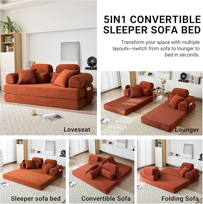 79 Boneless Couch with High Backrest Headrest Comfy Modular Foldable Floor Sleeper Sofa 5-in-1 Convertible Sofa Bed for Living Room Bedroom Lounge Studio Orange