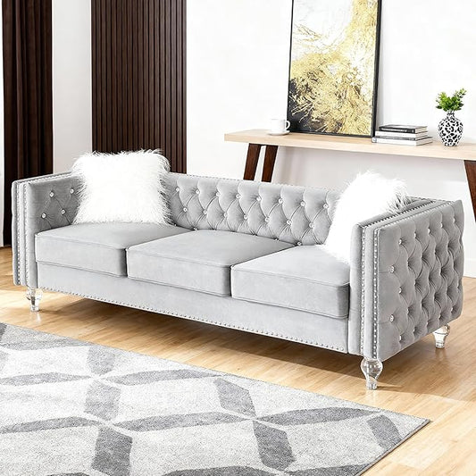 Luxury 3 Seater Sofa Couch with Acrylic Crystal LegsChesterfield 3-Seater SofasModern 83 Diamond Button Tufted 3 Seat Couches with Silver Nailhead Trim for Living Room (Gray 3 Seater)