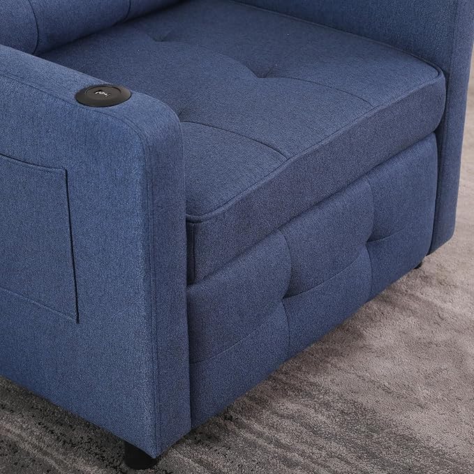 3-in-1 Convertible Futon Sofa Bed Chair Velvet Button Tufted Upholstered Pull Out Sleeper Chair with Adjustable Backrest&amp USB Ports Modern Lounge Armchair for Living Room Bedroom Apartment(Blu