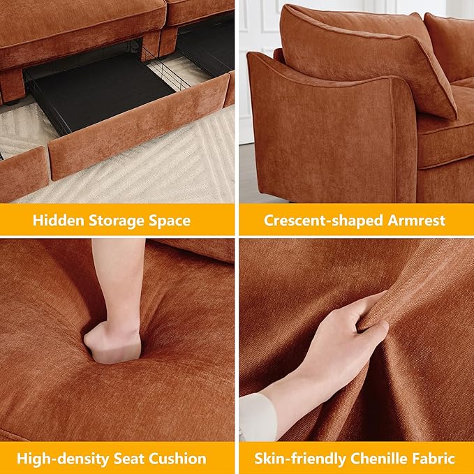 Aoowow Modular Sectional Sofa with Pullout Storage Seat 146.4” Chenille Comfy 4-Seat Sofa Couch Upholstered Deep Seat Couches with Armrests for Living Room Apartment OfficeOrange