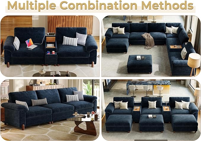 SITJOY 100 Oversized Sectional Couches for Living Room Extra Large Deep Seat Couch with Washable Covers Versatile Console Charging Ports Storage and Cupholders Loveseat Chenille in Blue