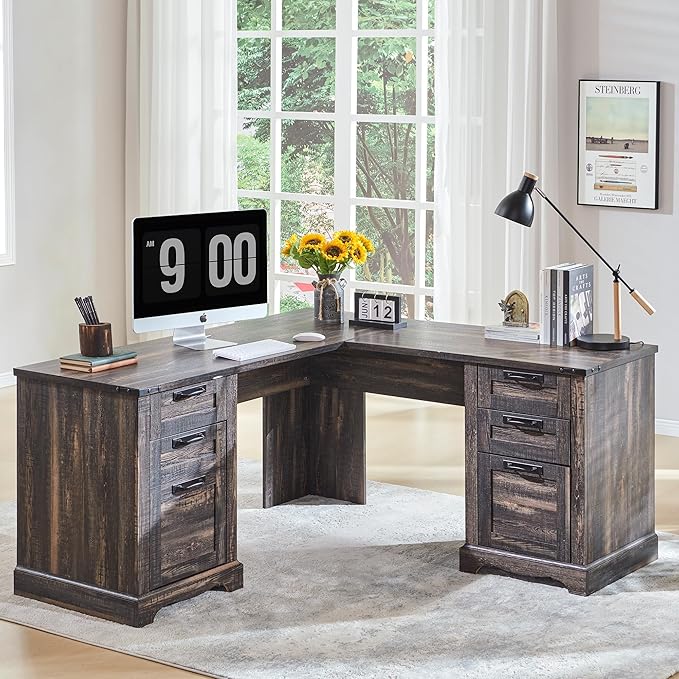 RedLemon 60 Farmhouse L Shaped Executive Desk with Drawers Wood Home Office Corner Desk with Charging Station File Drawer Storage Cabinet Rustic Computer Writing Desk (Dark Rustic Oak)