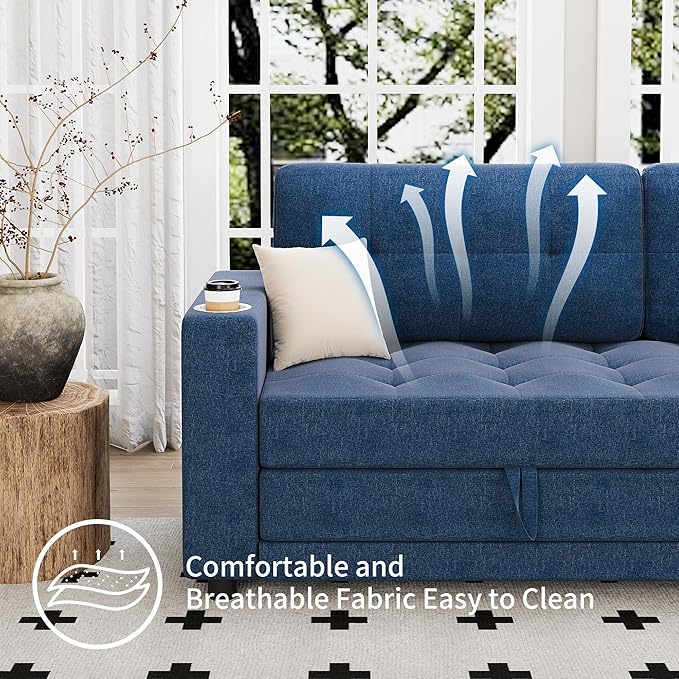 Upgraded Queen Size Futon Sofa Bed 83 Thick Upholstery Loveseat Sleeper Sofa Pull Out Couch Convertible Floor Couch for Bedroom/Entertainment Room/Apartment (Blue)