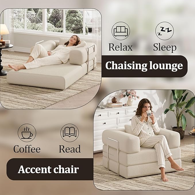 Folding Sofa Bed 2 in 1 Convertible Sofas to Lounger Comfy Single Bean Bag Chair Floor Portable Foldable Sleeper Lazy Futon Couch Chair for Bedroom Living Room (Beige 35.43 Single Sofa)