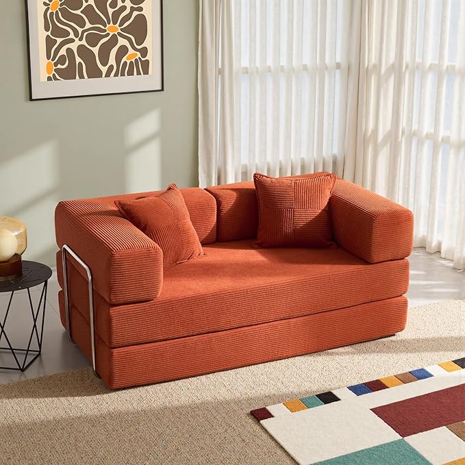 YINIX Foldable Sofa Bed 62'' Folding Floor Couch Compressed Convertable Sleeper Sofa Memory Foam Couch with Pillow Back Support Armrest 4-in-1 Futon Sofa Bed for Living Room Orange