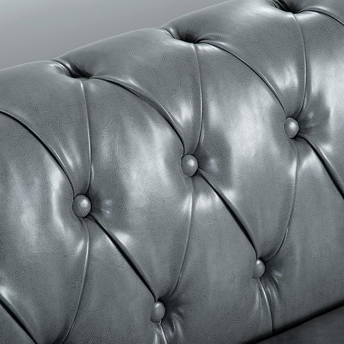GDFStudio 85 Tufted Button Chesterfield Sofa with Deep Seat Cushions Rolled Arms &amp Gold Accent Strip 3-Seater Midcentury Modern Sofa for Living Room Classic Couch Furniture Gray + PU