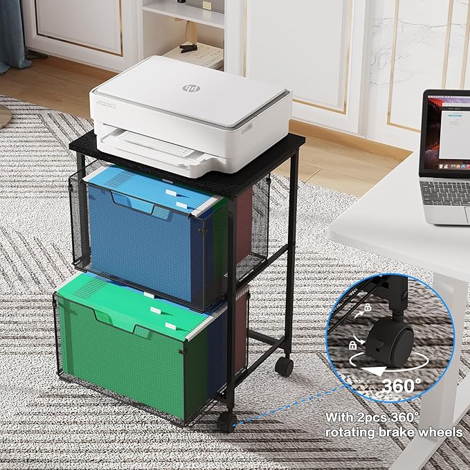 Letter/Legal Rolling File Cart with 2 Storage Drawers Under Desk Storage Vertical Filing Cabinet for Home Office Hanging File Folders Organizer Mobile Utility Cart Printer Stand Black