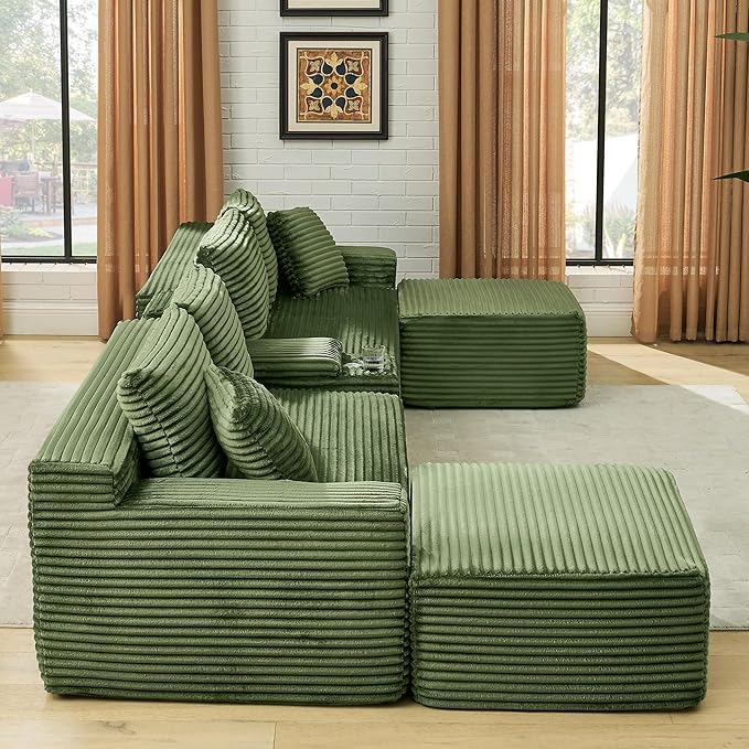 U-Shaped Cloud Sectional Couch Symmetrical Modular Compressed Boneless Sectional Sofa with Chaise Lounges and Console Plush Corduroy Boneless Corner Sofa for Living Room