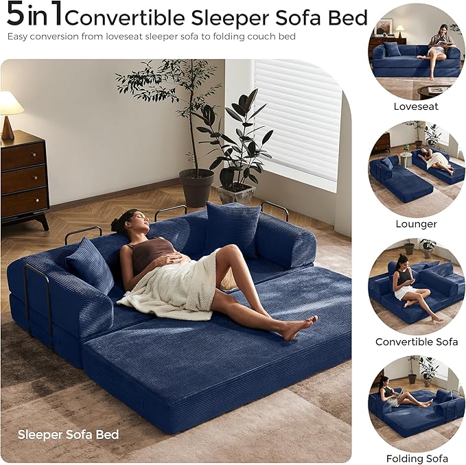 79 Convertible Sofa Bed with Fixed-Shape Frame &amp Removable Armrests Modular Corduroy Sleeper Sofa Folding Mattress Couch for Small Spaces - No Assembly Needed in Navy Blue (Includes 2 Pillows)