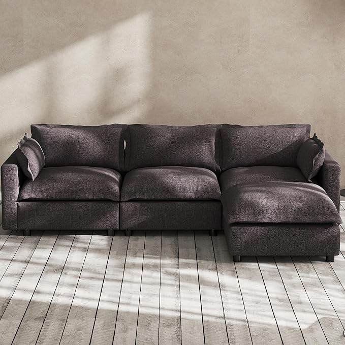 Modern Couch Modular Sectional Sofa 97 L-Shape Cloud Couch with Ottoman for Living Room Bedroom Reading Study Waitting Room Linen Fabric-Charcoal Dark Grey